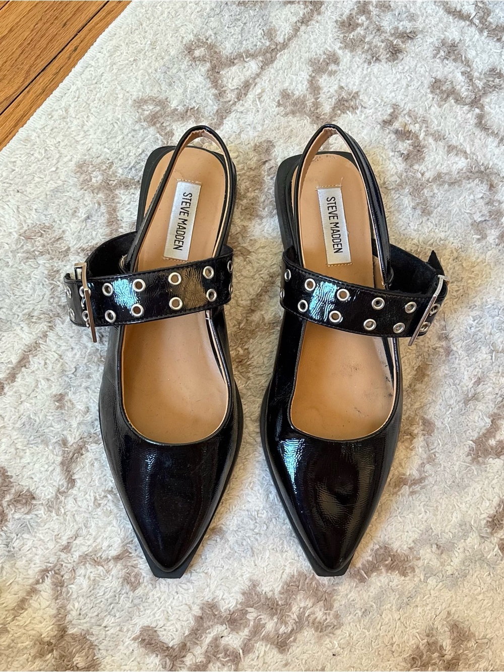 Steve Madden Patent Pointed Toe Buckle Flats Sling Back Studs Black Ganni Dupe